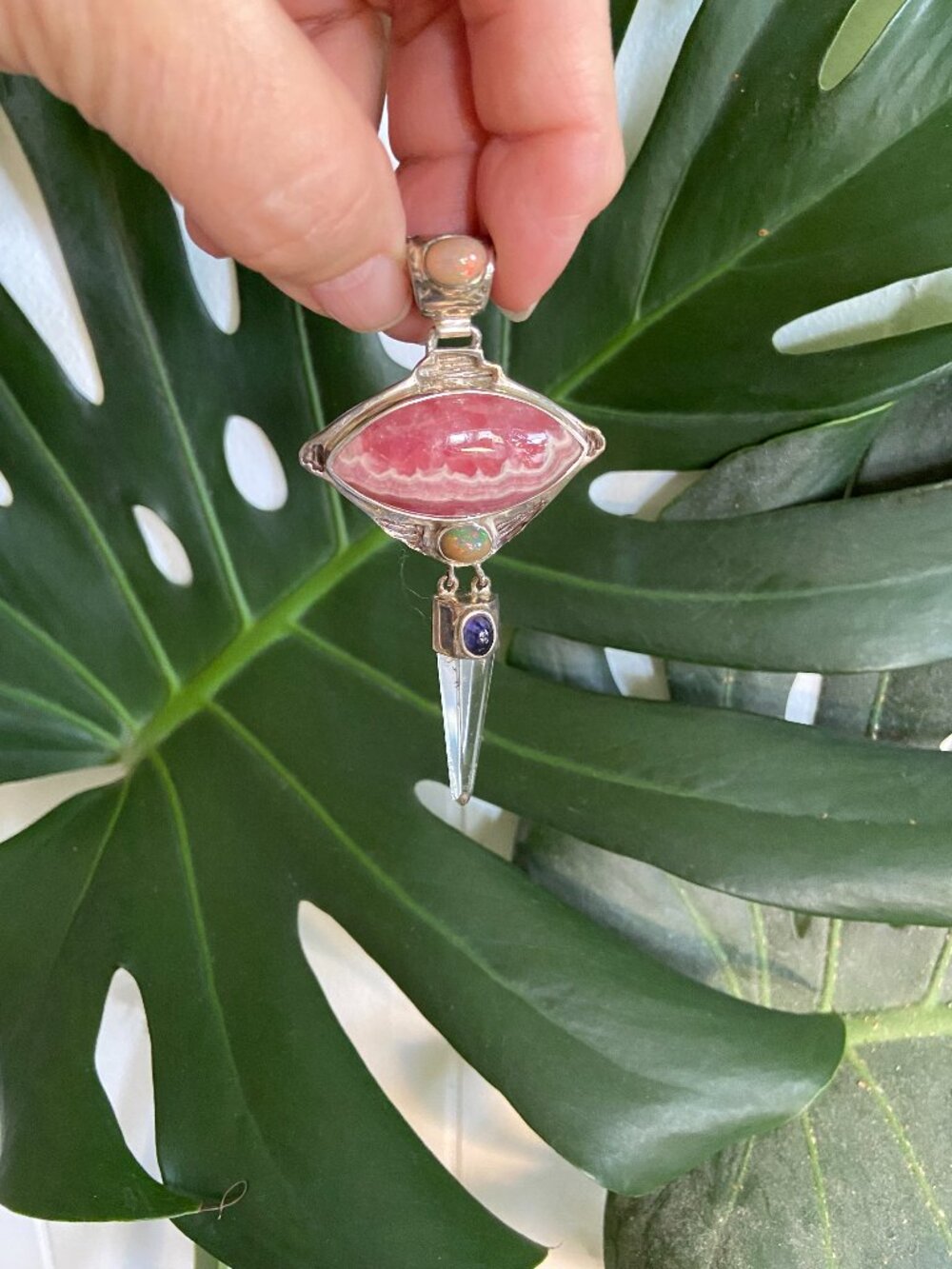 Rhodochrosite, Quartz Point & Opal Pendant